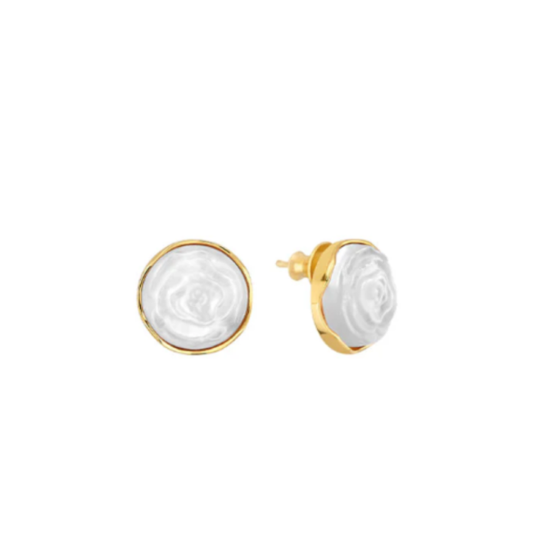 Pivoine Earrings White pearly on clear crystal, 18 carats yellow gold plated